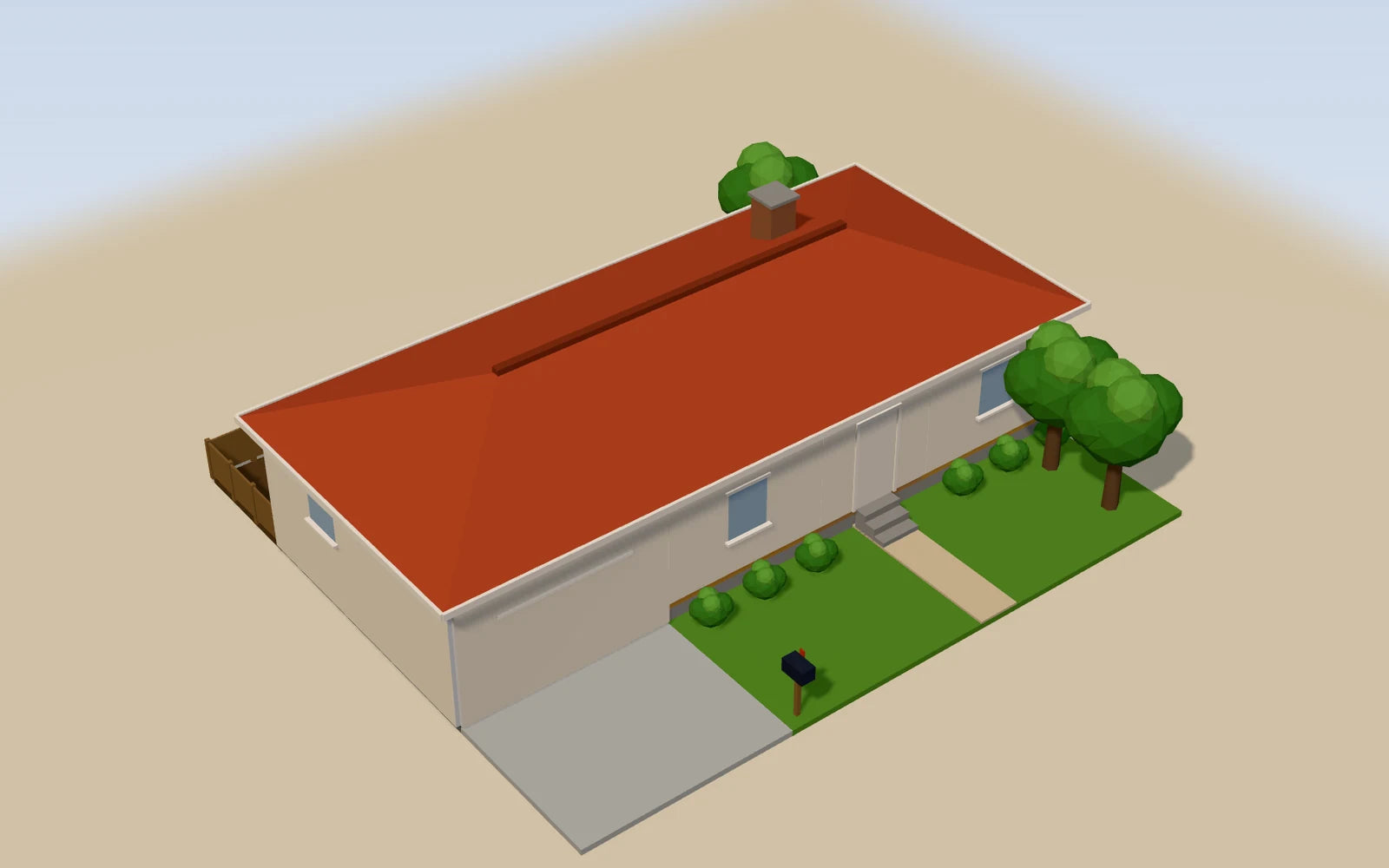 The same house in the Whole view, seen from outside: a red roof with a chimney, a garage, a path across the front lawn to the door, a mailbox and trees.