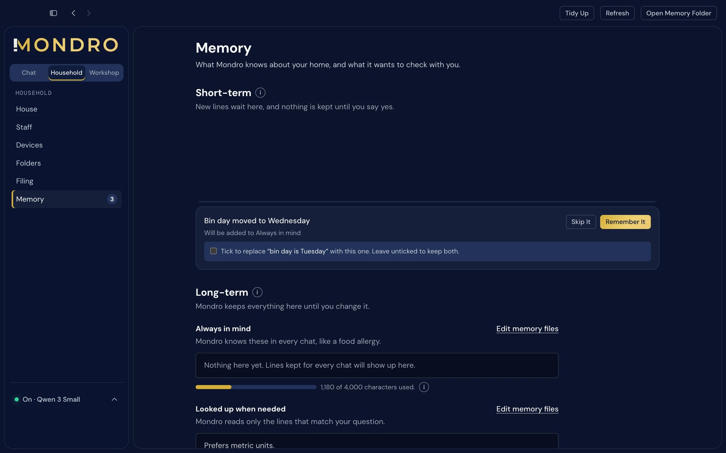 A line on the Memory page waiting for a yes: Bin day moved to Wednesday, with a box to tick to replace the old bin day.