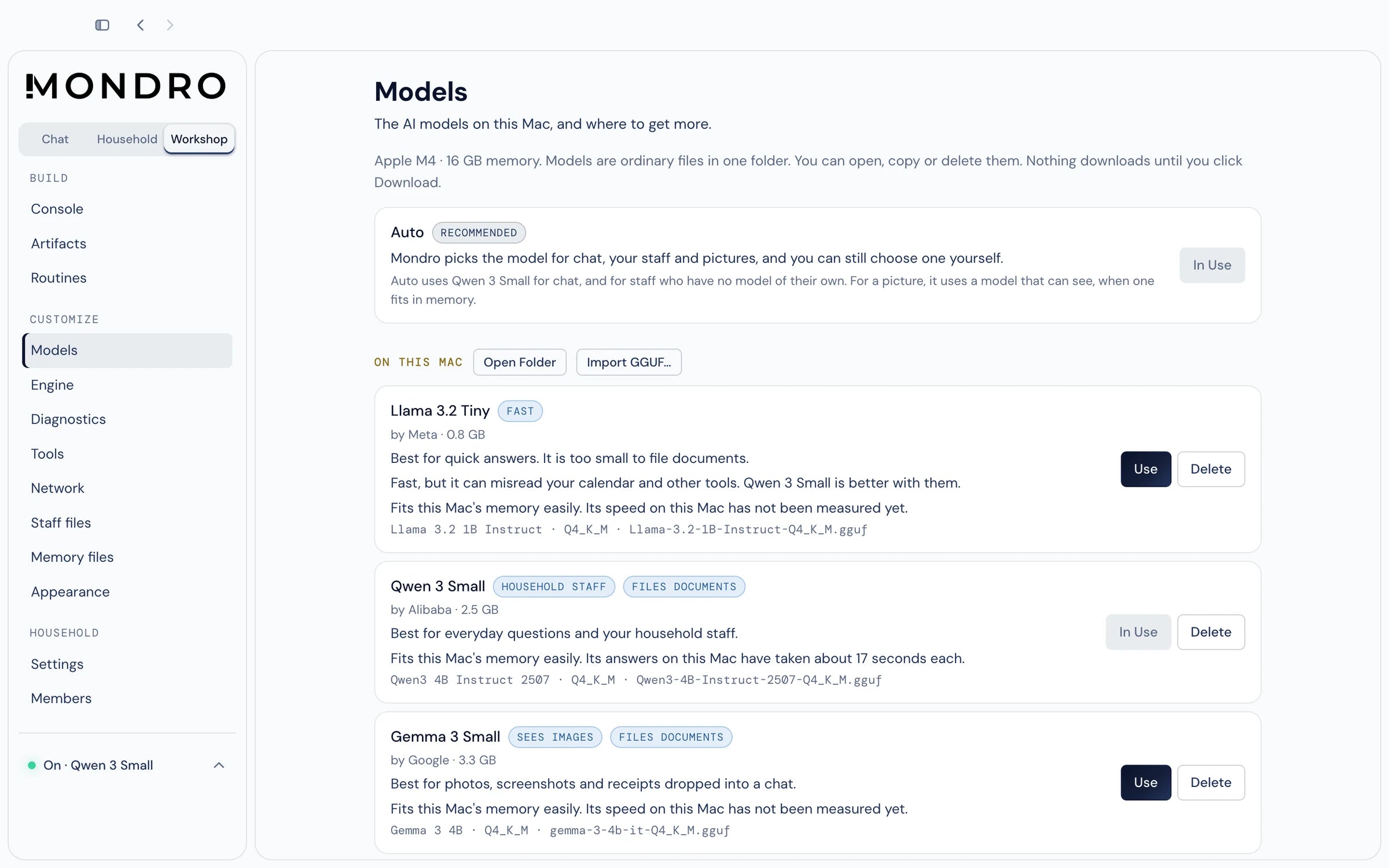 The Models page in the Workshop. It says models are ordinary files in one folder you can open, copy or delete, and nothing downloads until you click Download. Below, the Auto choice, the On this Mac row with an Open Folder button, and the first model card.
