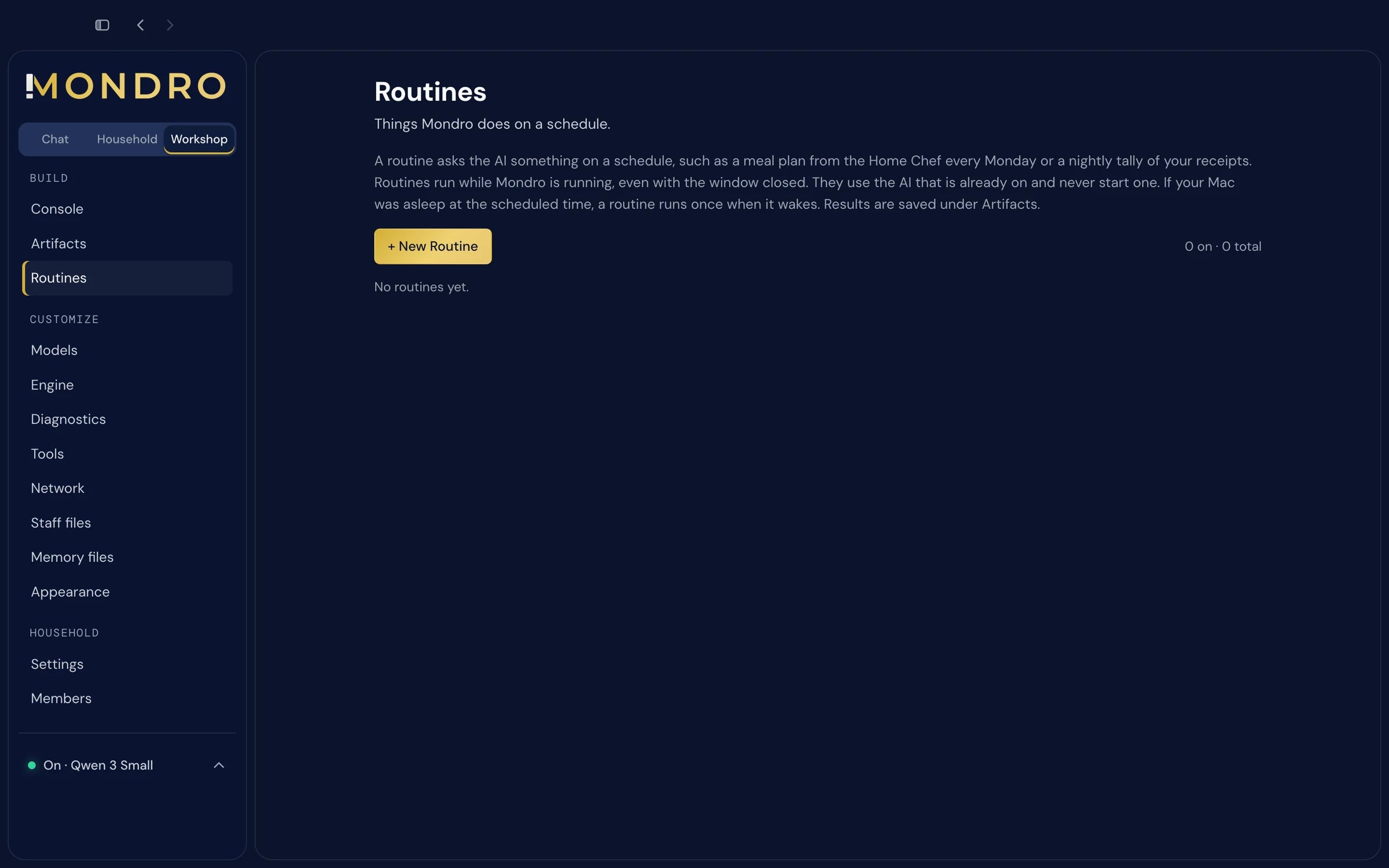 The top of the Routines page in the Workshop: Routines, things Mondro does on a schedule.