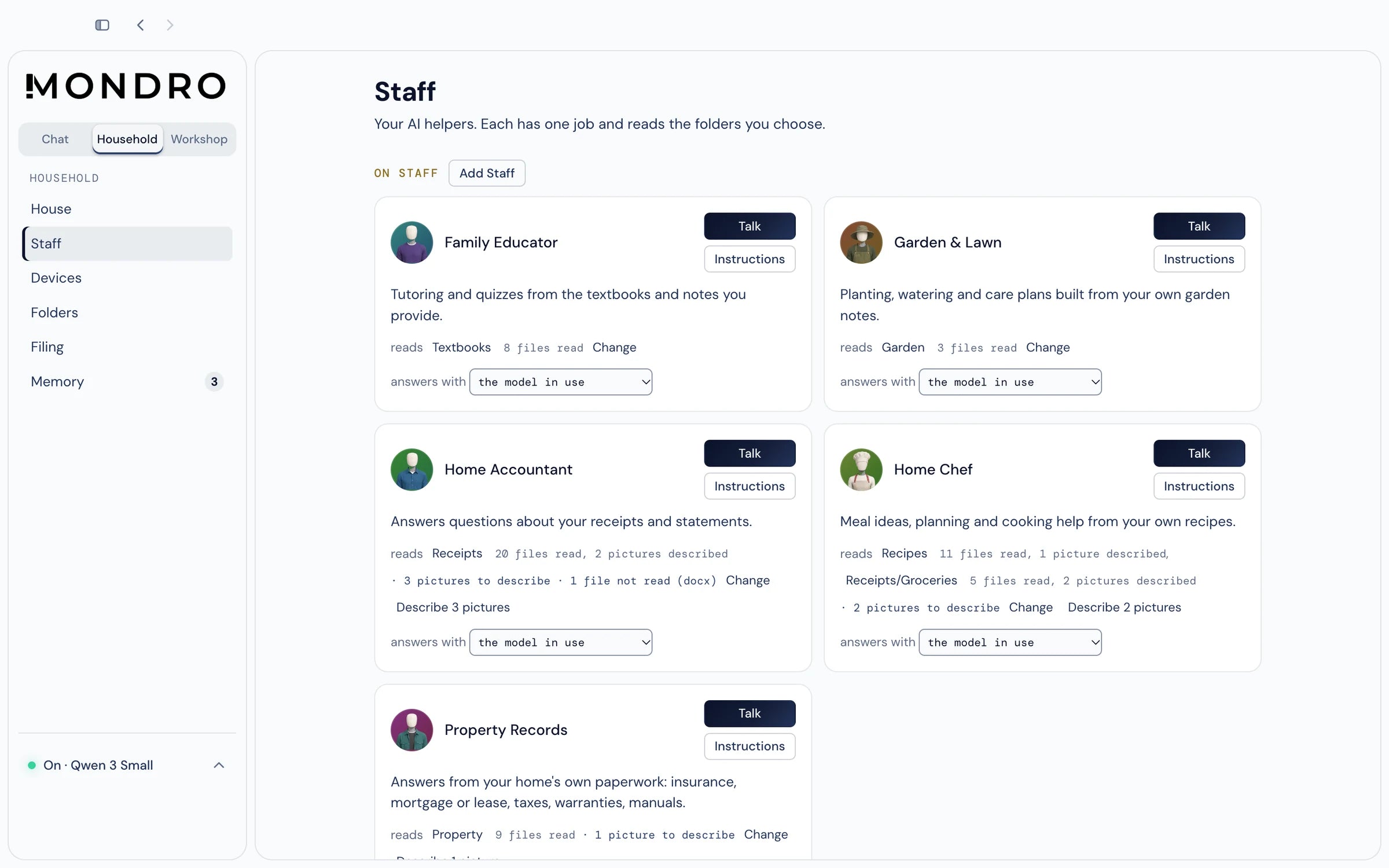 The Staff page: an Add Staff button above the first staff cards, each with a short line on what it does, the folder it reads and a Talk button.